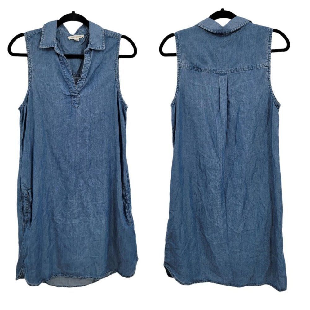 Beachlunchlounge Dress Country Chambray Linen Sleeveless Shirt Pockets Blue Sz S